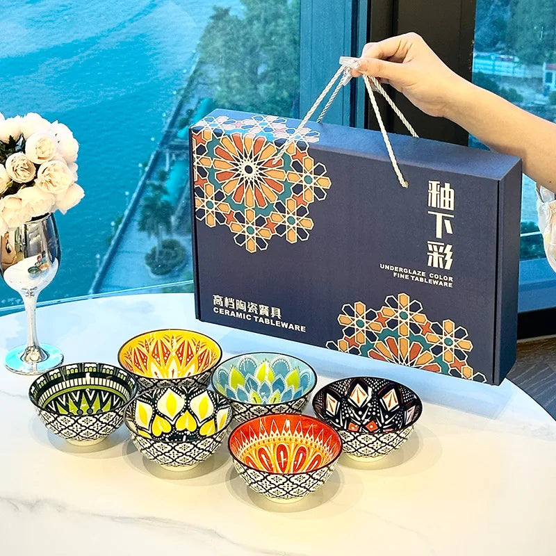 6-Piece Handmade Bohemian Ceramic Bowls Set 4.72 Inch Microwave And Dishwasher Safe for Cereal Ice Cream Pasta Optional Gift Box