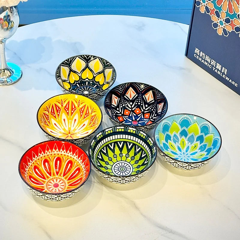 6-Piece Handmade Bohemian Ceramic Bowls Set 4.72 Inch Microwave And Dishwasher Safe for Cereal Ice Cream Pasta Optional Gift Box