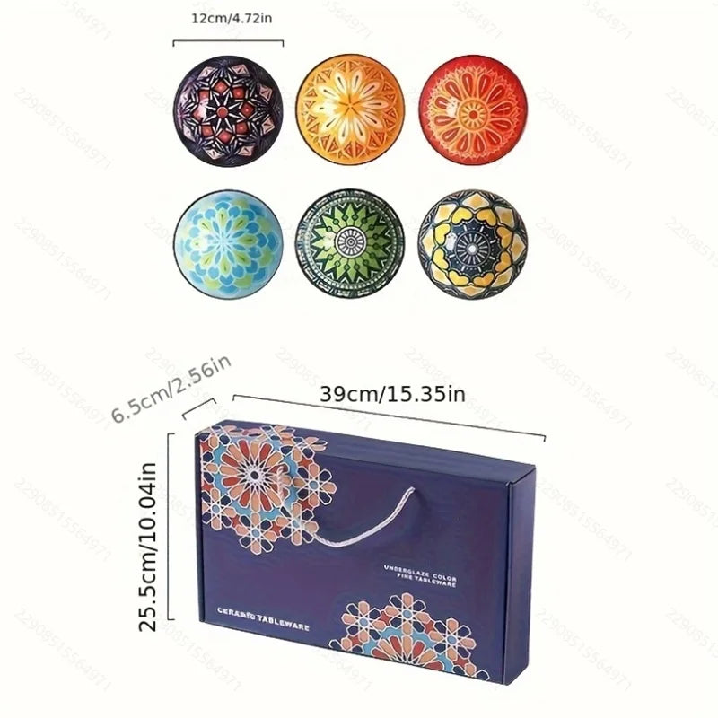 6-Piece Handmade Bohemian Ceramic Bowls Set 4.72 Inch Microwave And Dishwasher Safe for Cereal Ice Cream Pasta Optional Gift Box