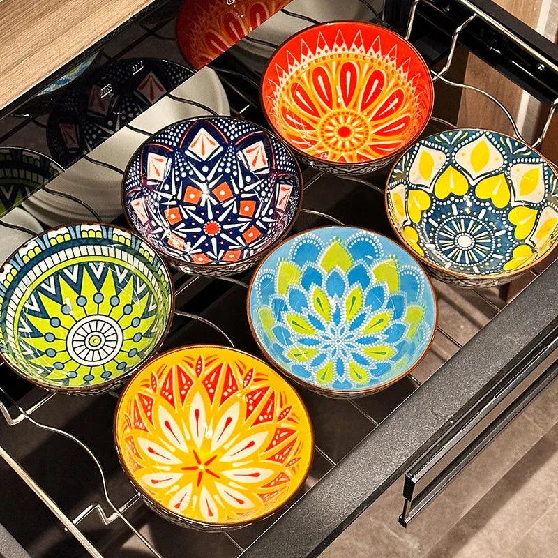 6-Piece Handmade Bohemian Ceramic Bowls Set 4.72 Inch Microwave And Dishwasher Safe for Cereal Ice Cream Pasta Optional Gift Box