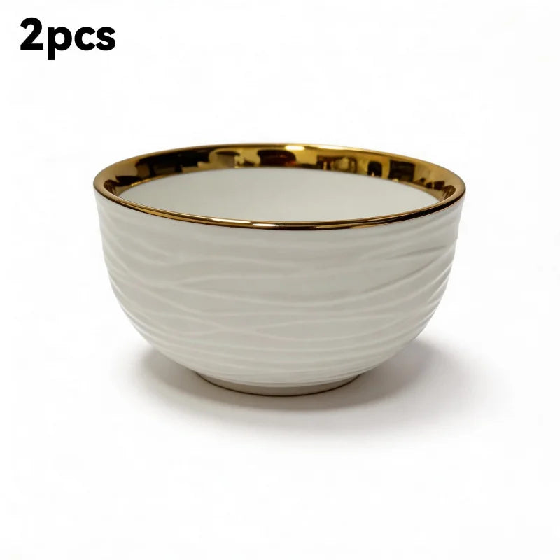 2/4/6One Pack 11.43cm Ceramic bowl set，Light luxury and elegance gold side stripe design，Reusable bowl、Oatmeal bowl、Pasta bowl、F