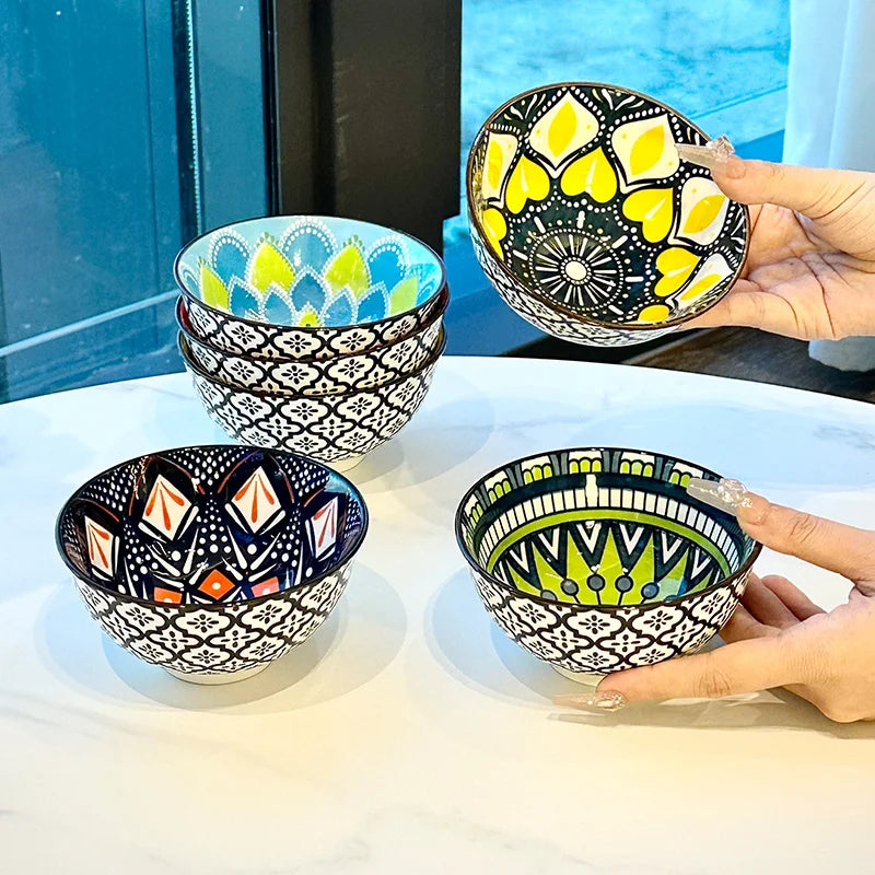 6-Piece Handmade Bohemian Ceramic Bowls Set 4.72 Inch Microwave And Dishwasher Safe for Cereal Ice Cream Pasta Optional Gift Box