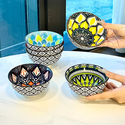 6-Piece Handmade Bohemian Ceramic Bowls Set 4.72 Inch Microwave And Dishwasher Safe for Cereal Ice Cream Pasta Optional Gift Box