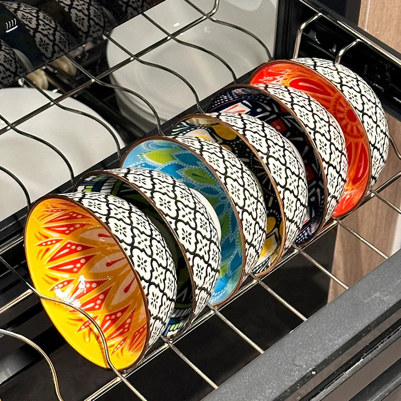 6-Piece Handmade Bohemian Ceramic Bowls Set 4.72 Inch Microwave And Dishwasher Safe for Cereal Ice Cream Pasta Optional Gift Box