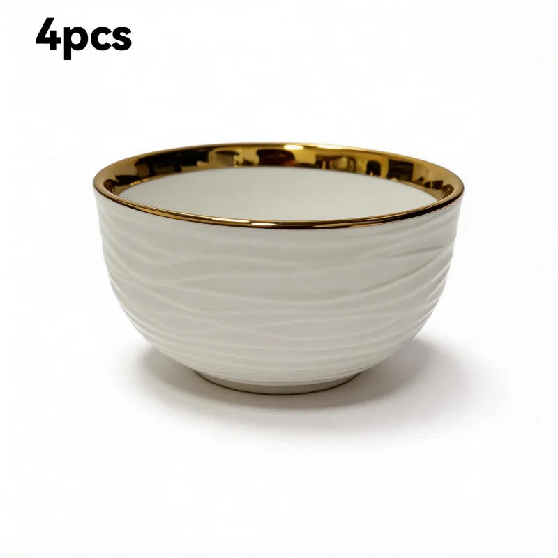 2/4/6One Pack 11.43cm Ceramic bowl set，Light luxury and elegance gold side stripe design，Reusable bowl、Oatmeal bowl、Pasta bowl、F